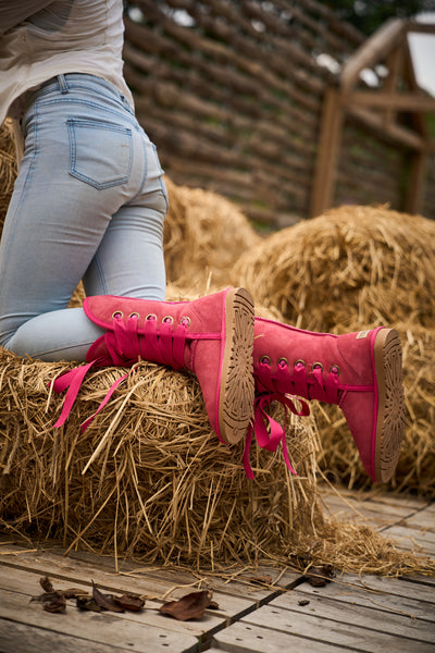 SMAIBULUN Ugg | Ribbon Lace-Up Faux Fur-lined Suede Boot - Fuchsia