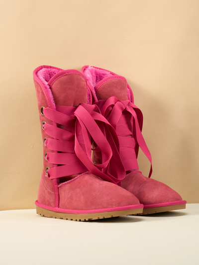 SMAIBULUN Ugg | Ribbon Lace-Up Faux Fur-lined Suede Boot - Fuchsia