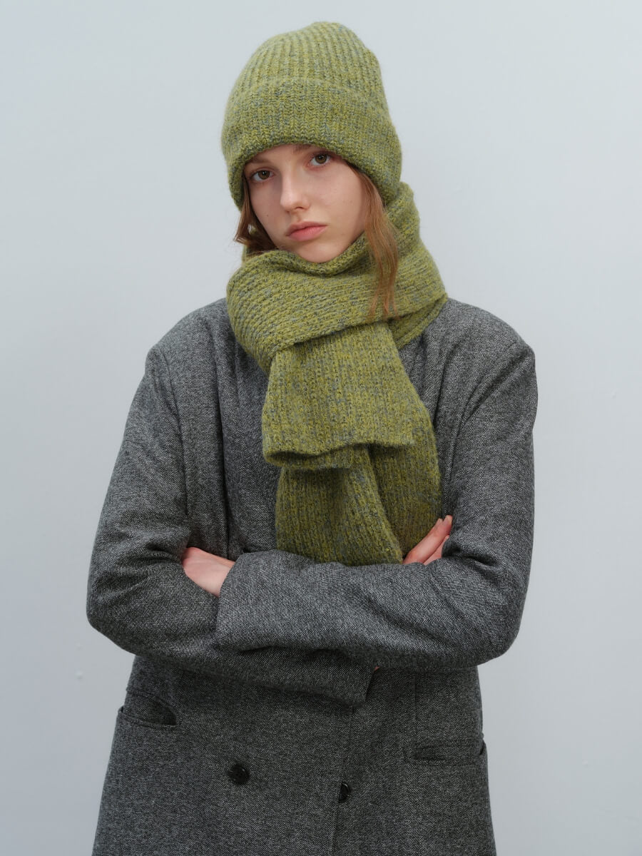 Wool Blend Cloud Beanie Scarf Matching Set - Olive