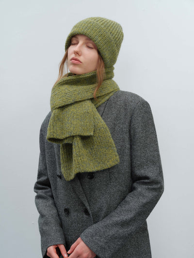 Wool Blend Cloud Beanie Scarf Matching Set - Olive