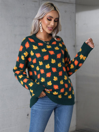 Sweet Maple Leaf Pullover Sweater - Green