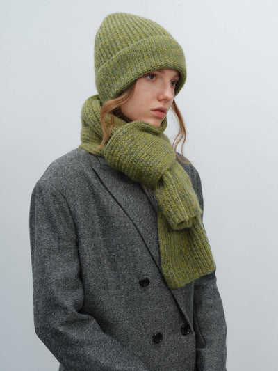 Wool Blend Cloud Beanie Scarf Matching Set - Olive