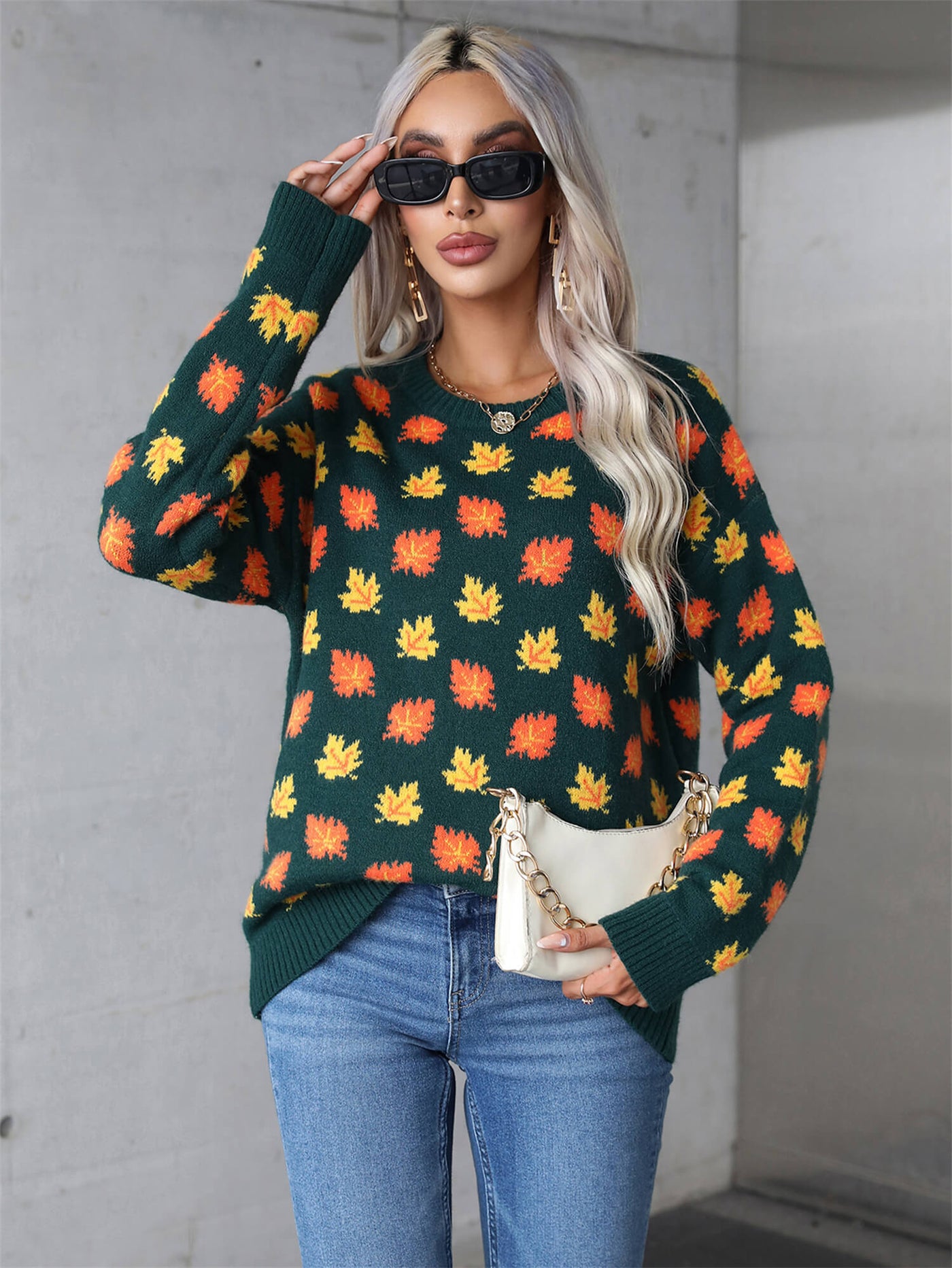 Sweet Maple Leaf Pullover Sweater - Green