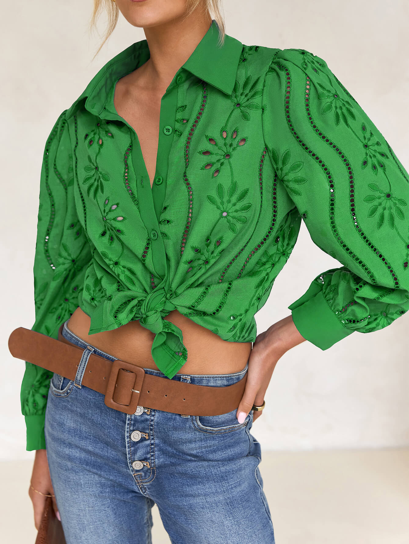 Miley Perforated Long Sleeve Blouse - green