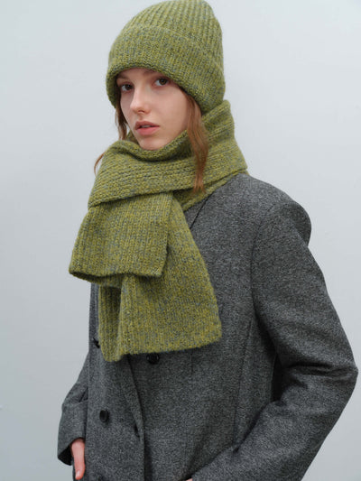 Wool Blend Cloud Beanie Scarf Matching Set - Olive