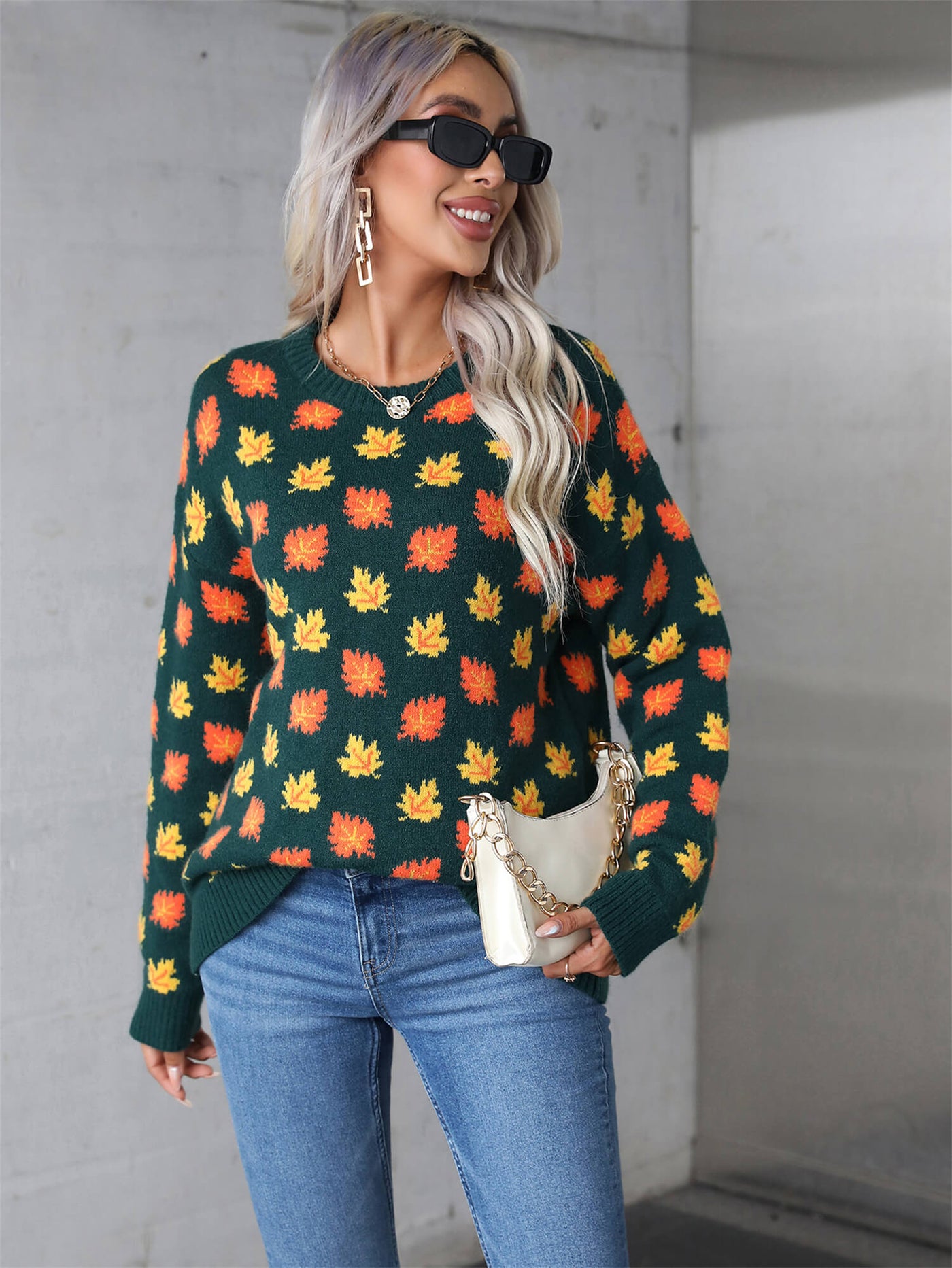 Sweet Maple Leaf Pullover Sweater - Green