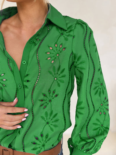 Miley Perforated Long Sleeve Blouse - green