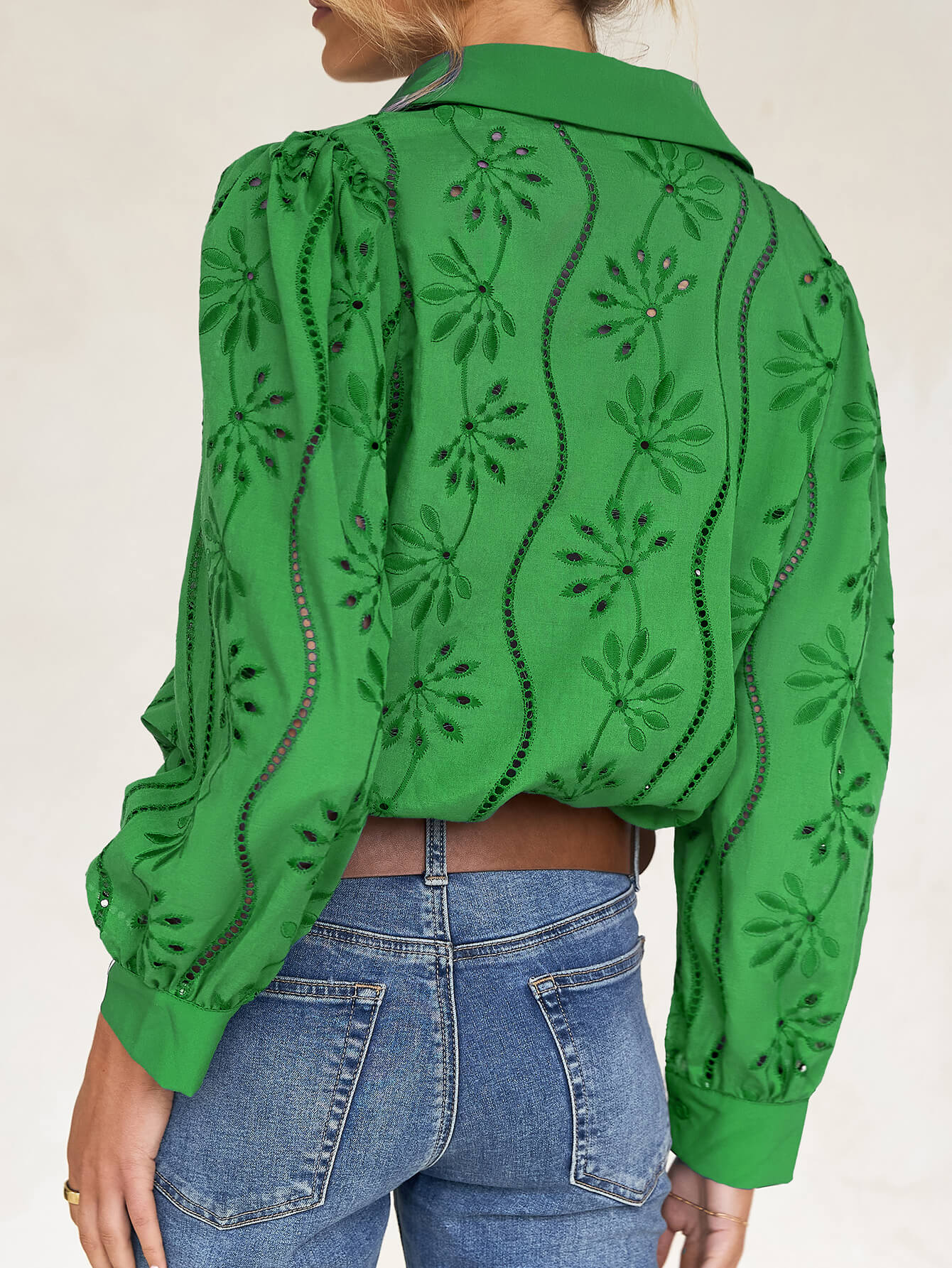 Miley Perforated Long Sleeve Blouse - green