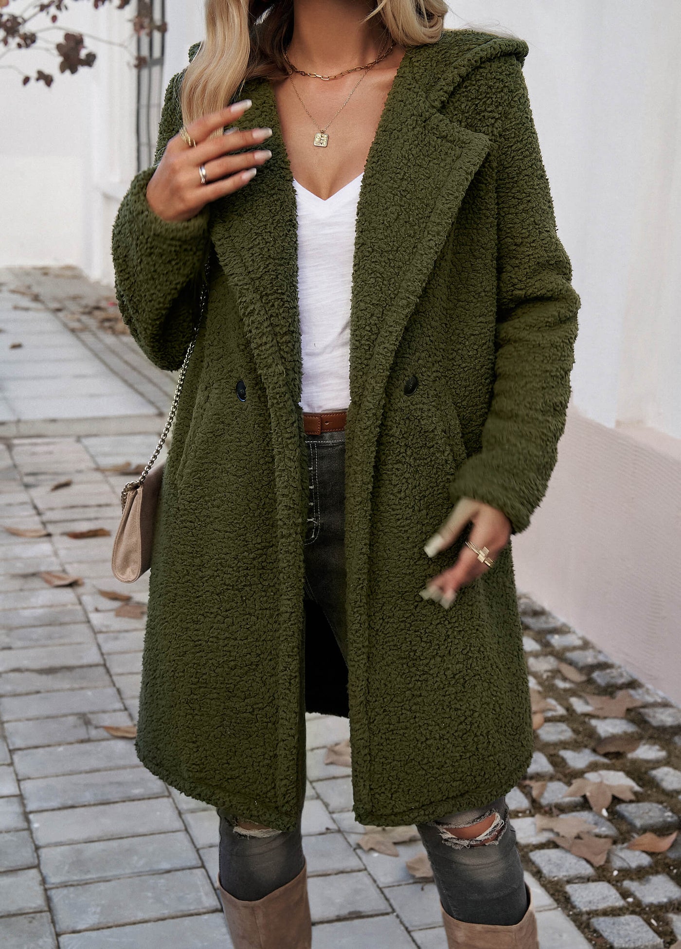 Teddy Longline Pocketed Coat - Olive