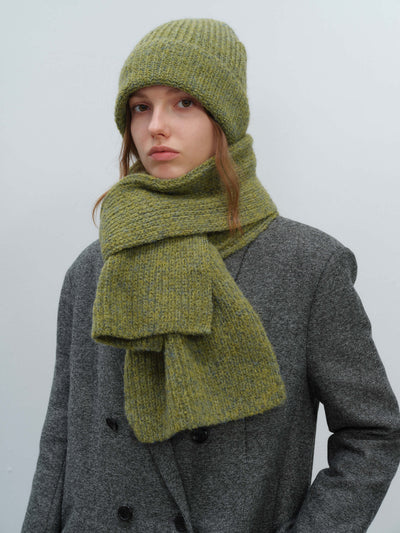 Wool Blend Cloud Beanie Scarf Matching Set - Olive