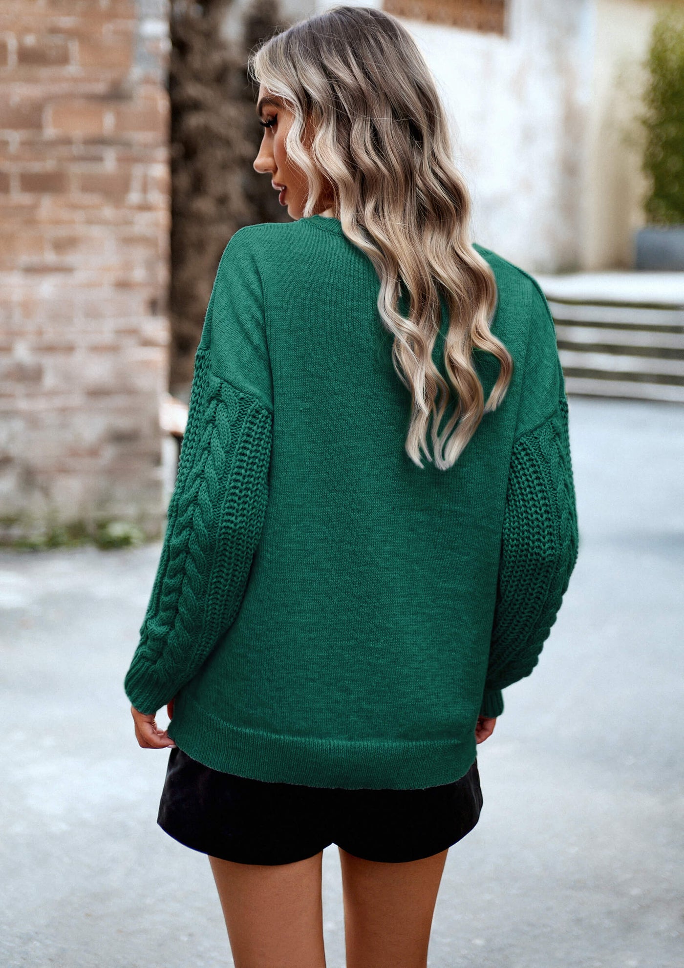 Joan Cable Sleeves Knit Pullover Sweater - Green