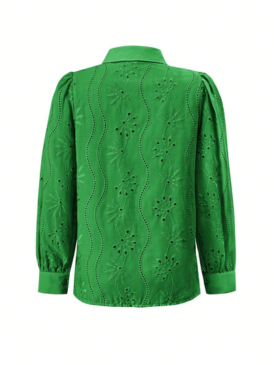 Miley Perforated Long Sleeve Blouse - green