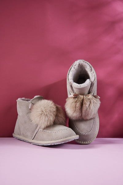 SMAIBULUN Ugg | Teddy Faux Fur Balls Suede Boot - Grey