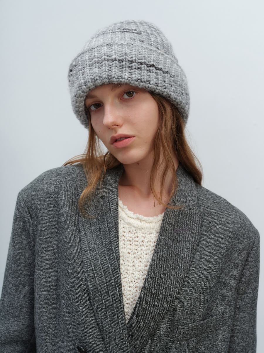 Wool Blend Gradient Knit Beanie - Grey