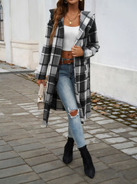 Town Stroll Plaid Hooded Coat - Grey