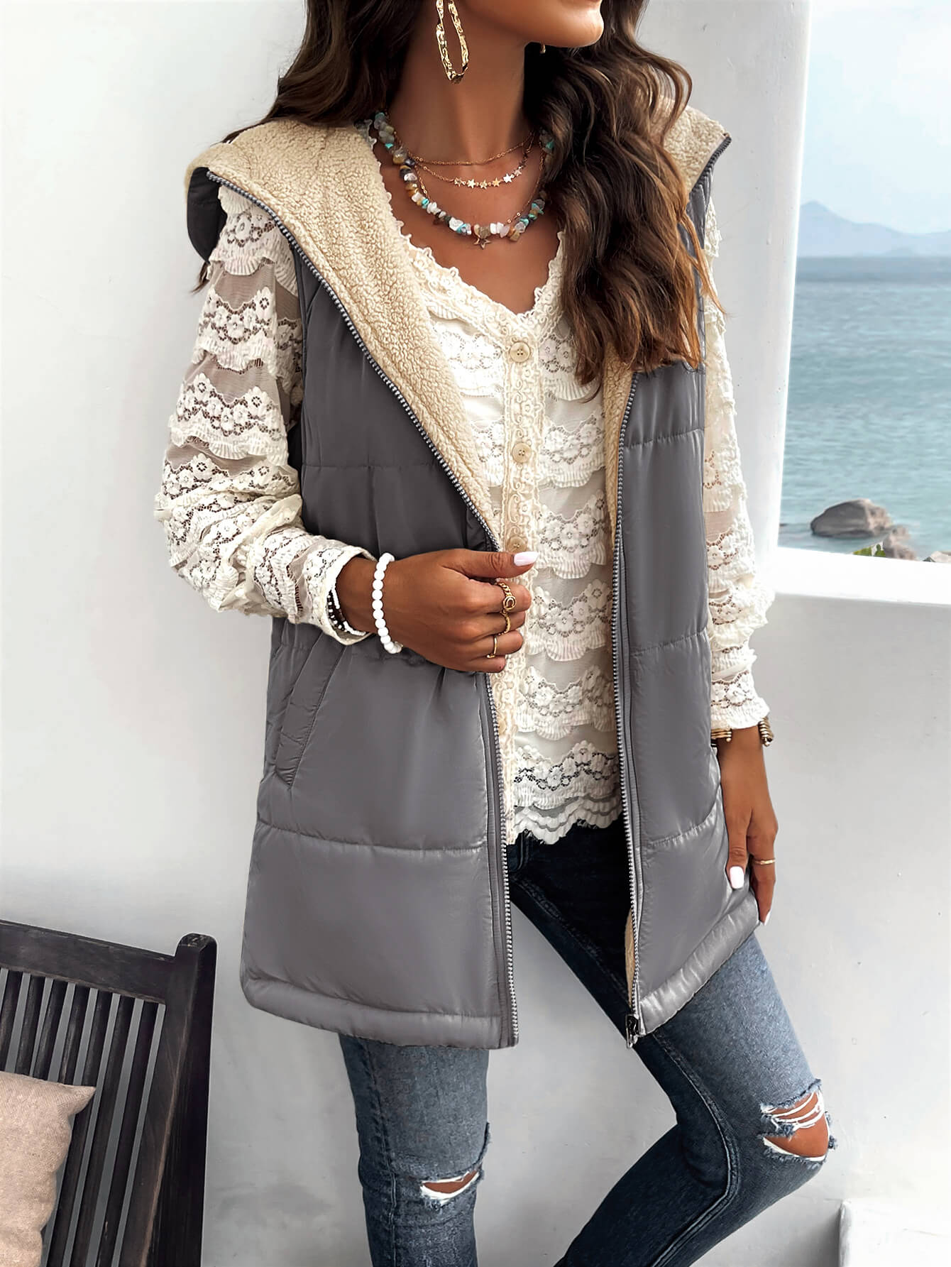 Fall And Forever Hooded Puffer Vest - Grey