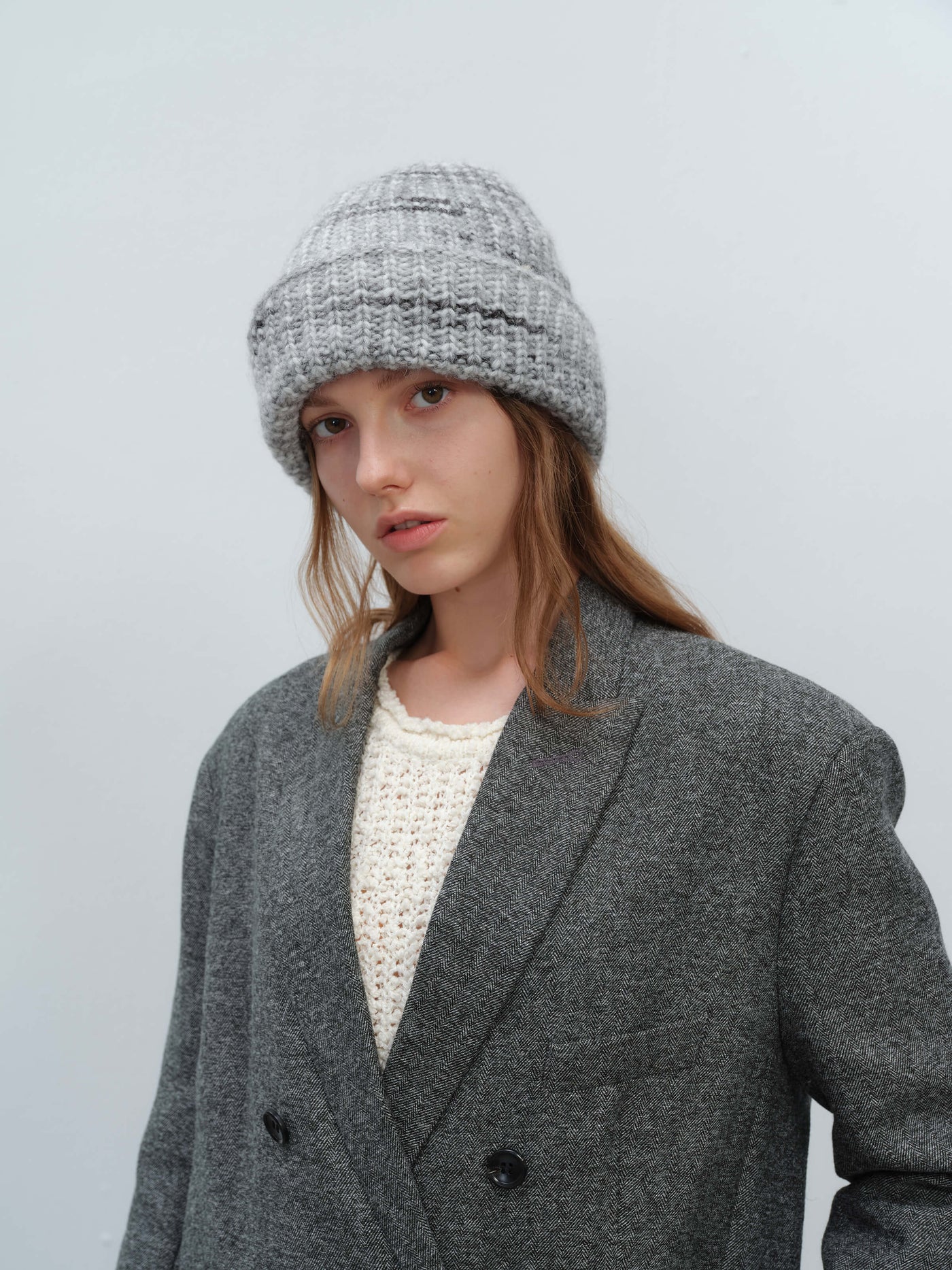 Wool Blend Gradient Knit Beanie - Grey