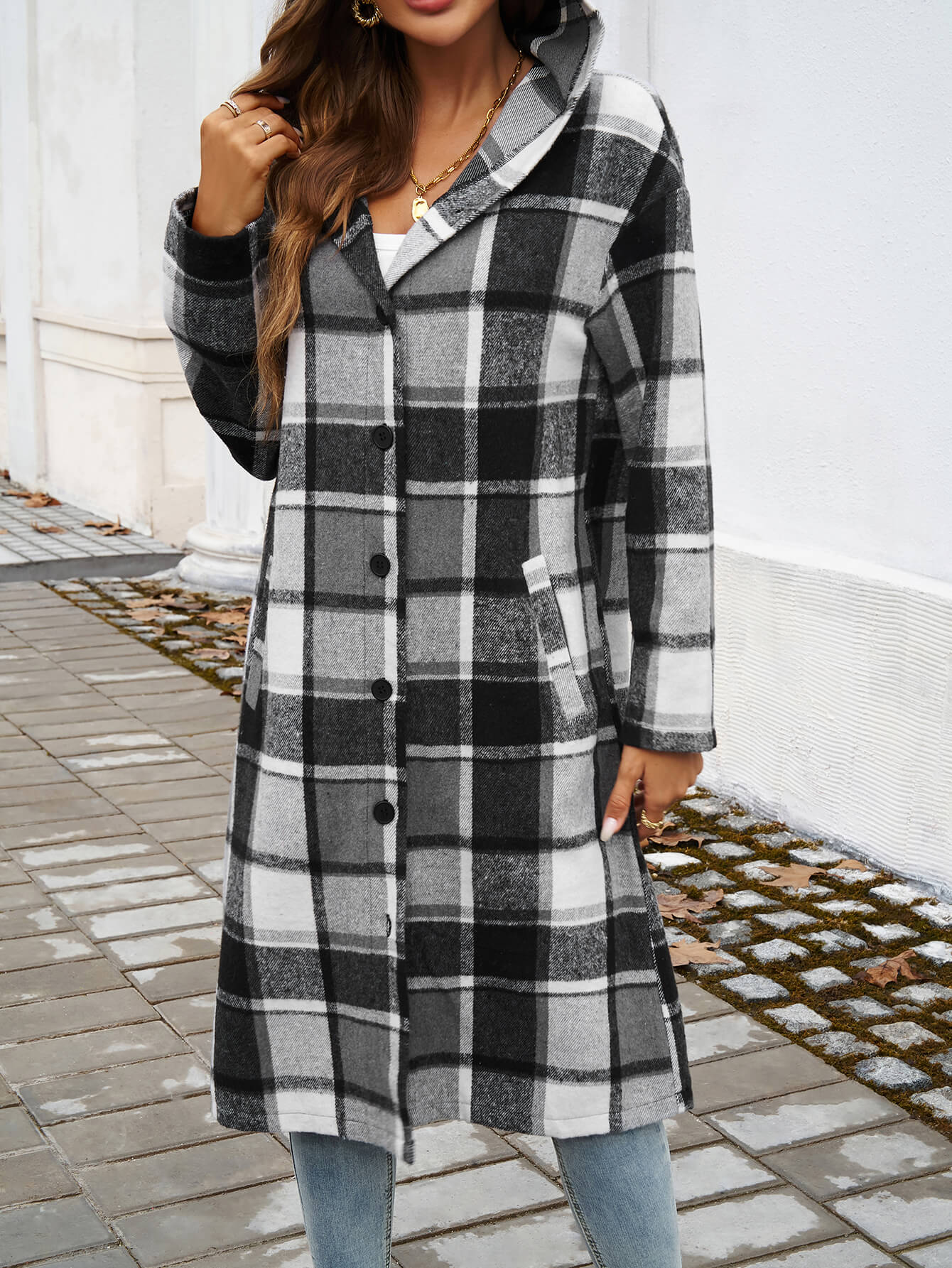 Town Stroll Plaid Hooded Coat - Grey