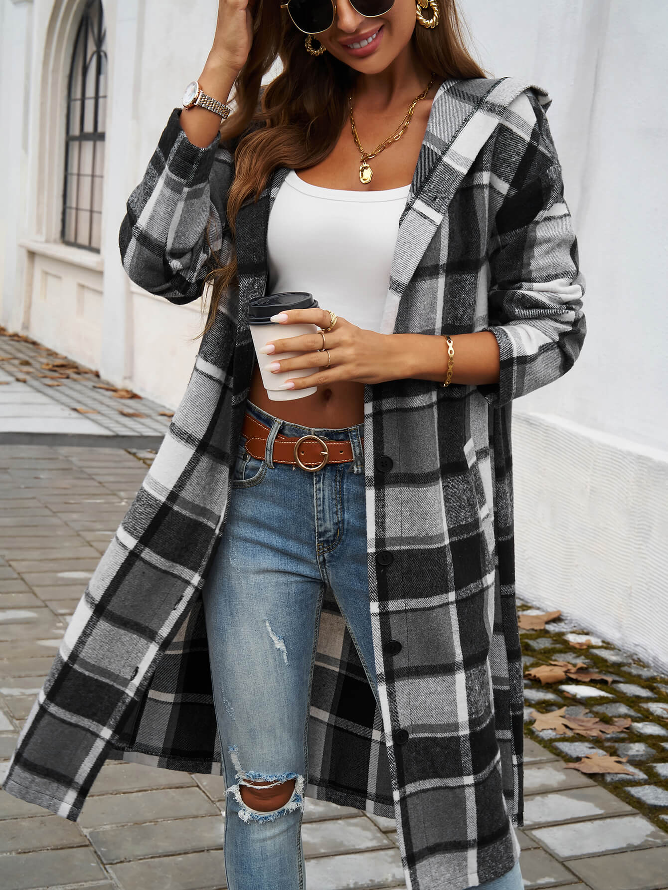 Town Stroll Plaid Hooded Coat - Grey