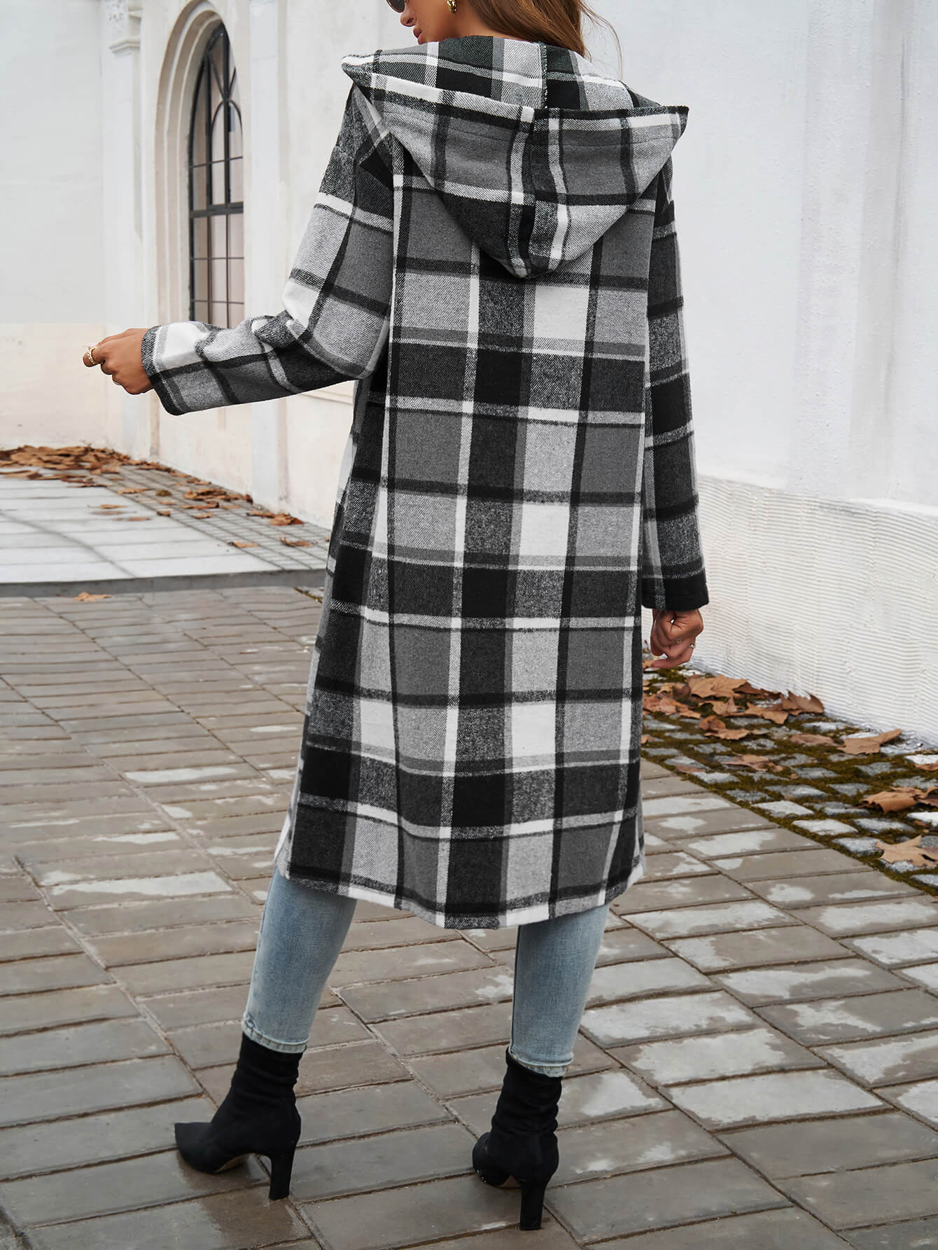 Town Stroll Plaid Hooded Coat - Grey