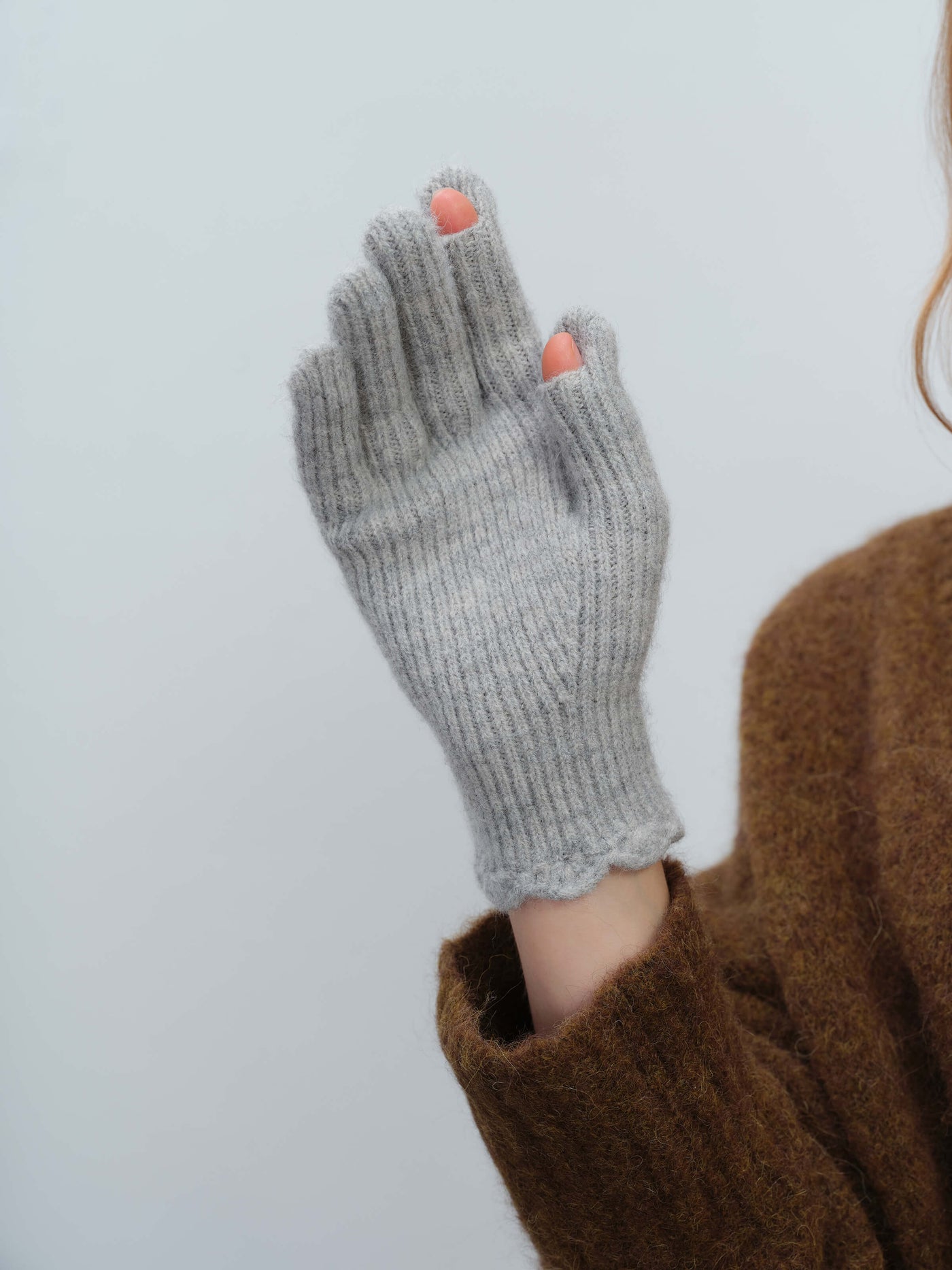 Wool Blend Ribbed Knit Glove Mittens - Grey