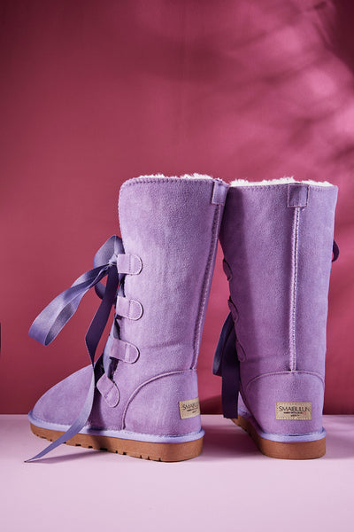 SMAIBULUN Ugg | Ribbon Lace-Up Faux Fur-lined Suede Boot - Lavender