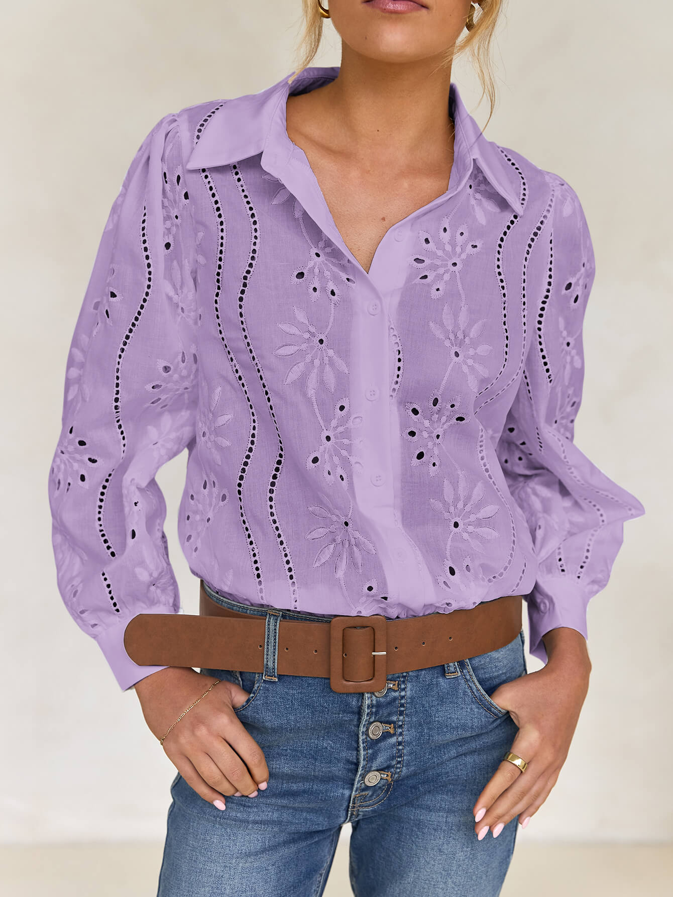 Miley Perforated Long Sleeve Blouse - lavender