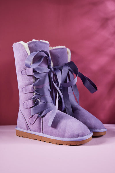 SMAIBULUN Ugg | Ribbon Lace-Up Faux Fur-lined Suede Boot - Lavender