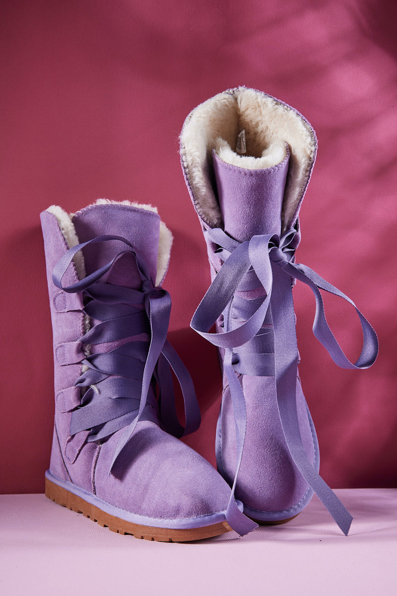 SMAIBULUN Ugg | Ribbon Lace-Up Faux Fur-lined Suede Boot - Lavender