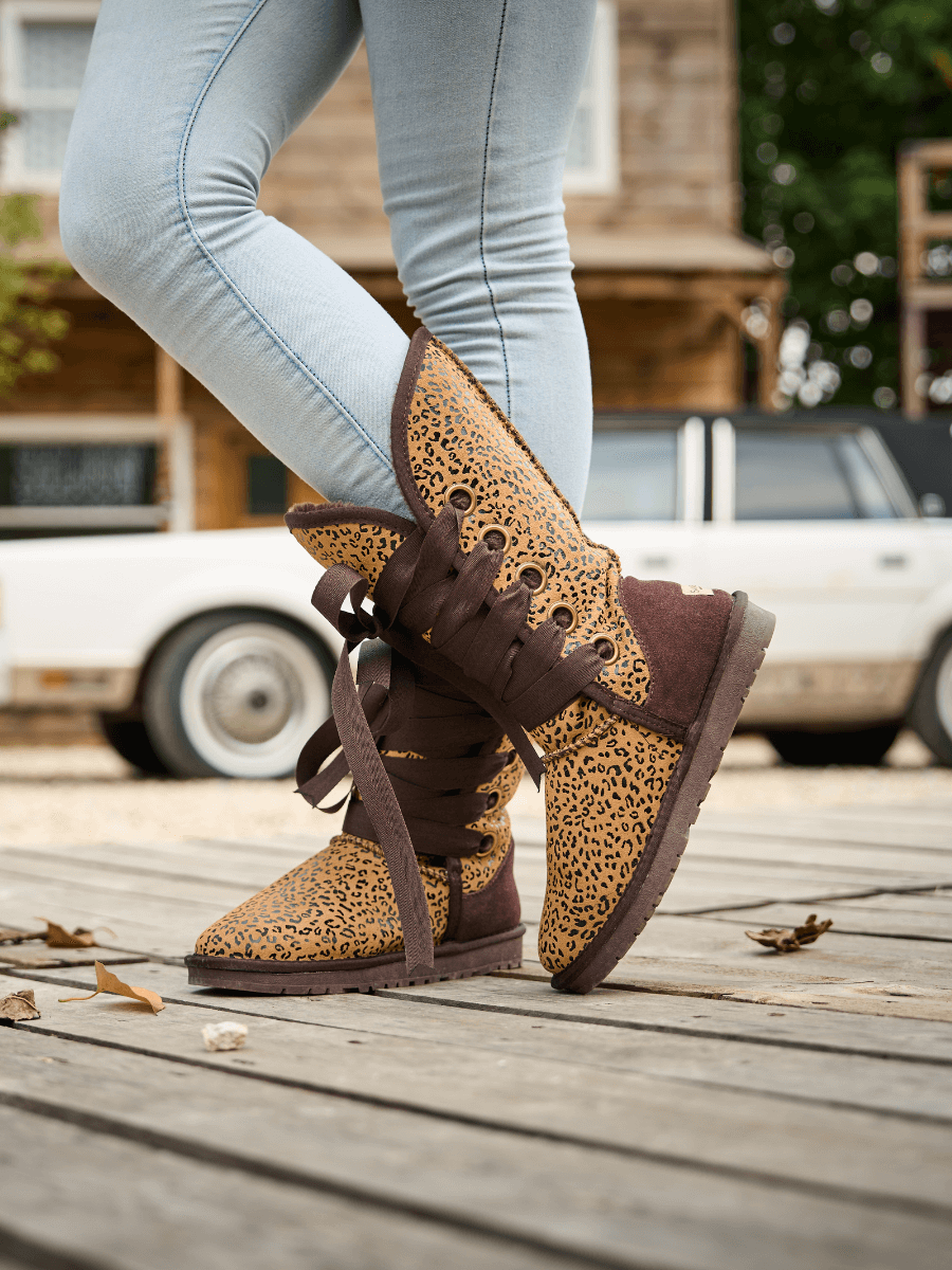 SMAIBULUN Ugg Ribbon Lace Up Faux Fur lined Suede Boot Leopard