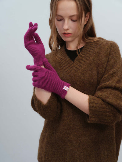 Wool Blend Ribbed Knit Glove Mittens - Magenta