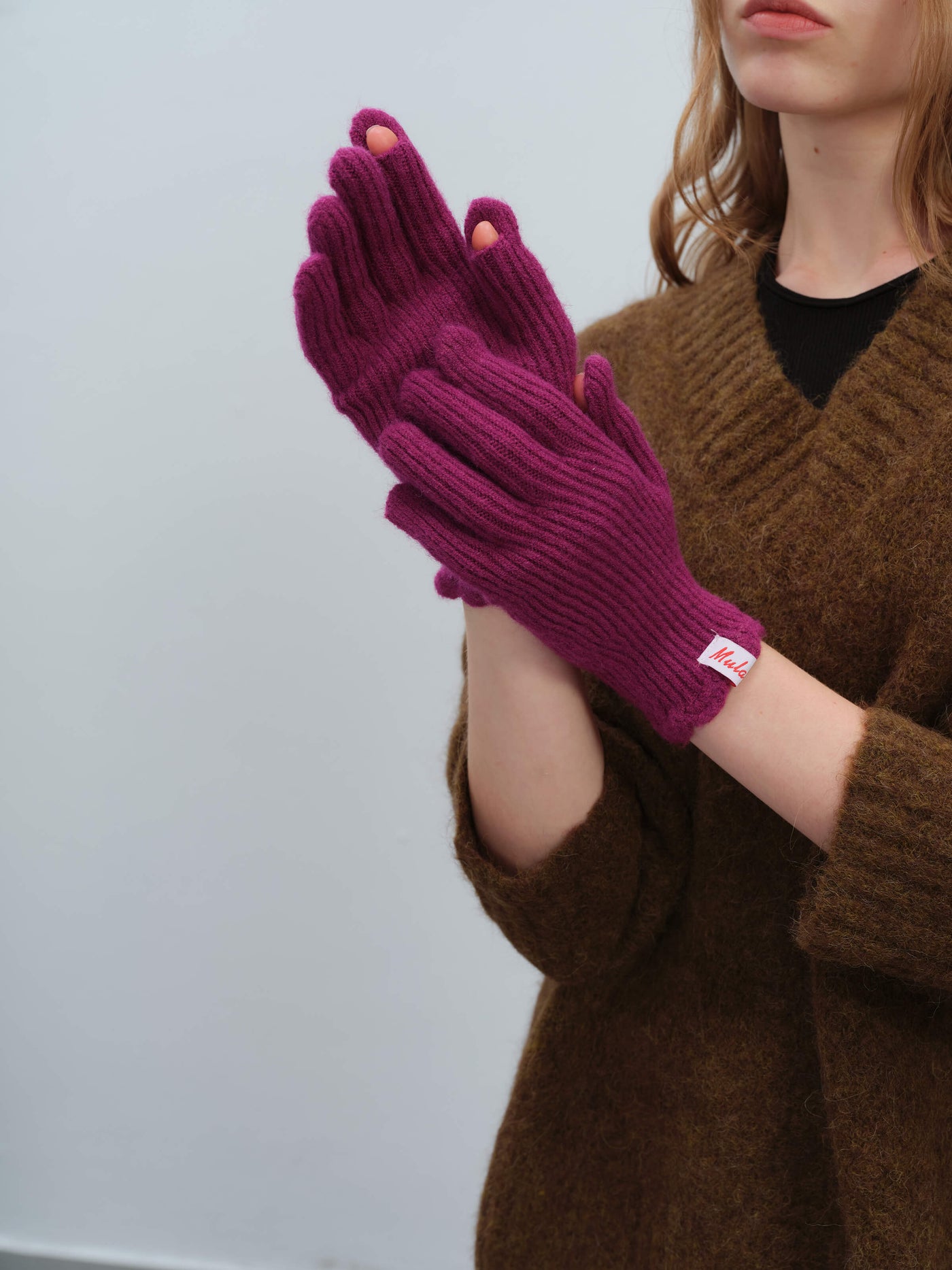 Wool Blend Ribbed Knit Glove Mittens - Magenta