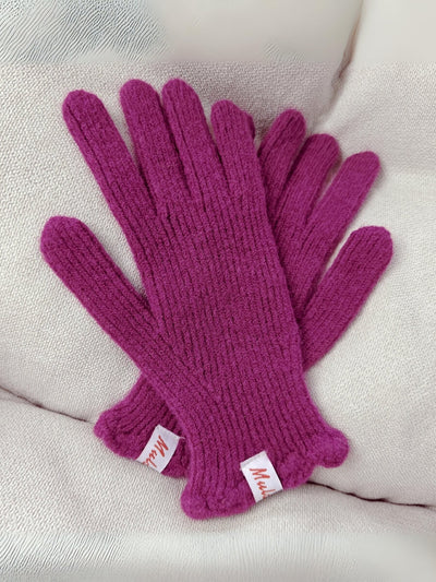 Wool Blend Ribbed Knit Glove Mittens - Magenta