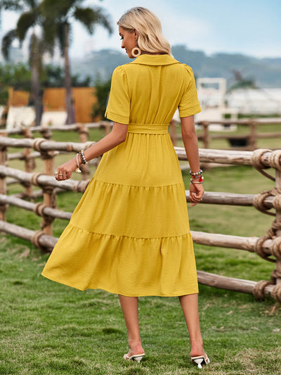 Celie Poplin Collared Tie Waist Midi Dress - Mustard