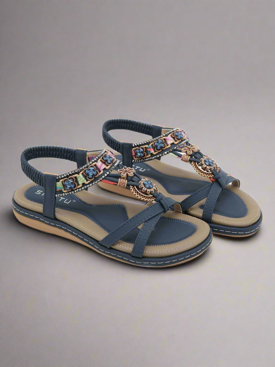 Siketu | Boho Daisy Beaded Cushioned Sandal - navy