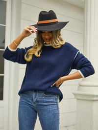 Lorian Contrast Seams Sweater - Navy