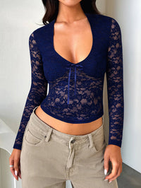 Nicola Long Sleeve Lace Crop Top - navy