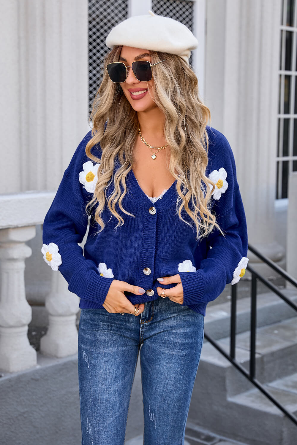 Blossom Mornings Daisy Embellished Knit Cardigan - Navy