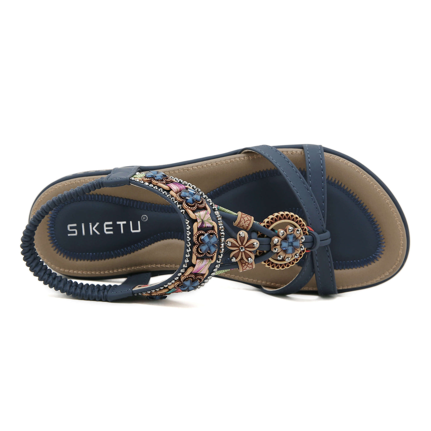 Siketu | Boho Daisy Beaded Cushioned Sandal - navy