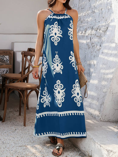 Indy Abstract Halter Neckline Maxi Dress - navy