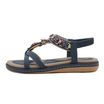 Siketu | Boho Daisy Beaded Cushioned Sandal - navy