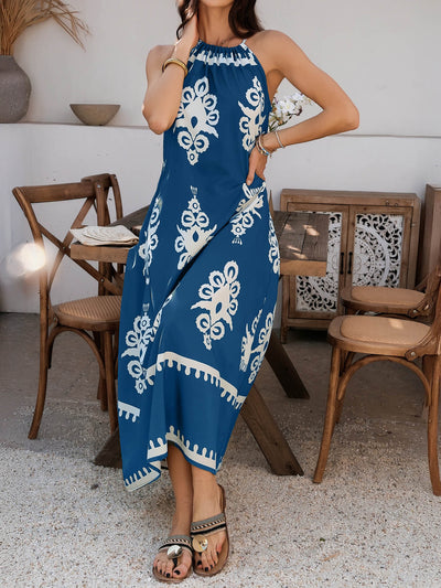 Indy Abstract Halter Neckline Maxi Dress - navy