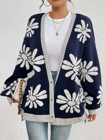 Janelle Floral Knit Cardigan - Navy