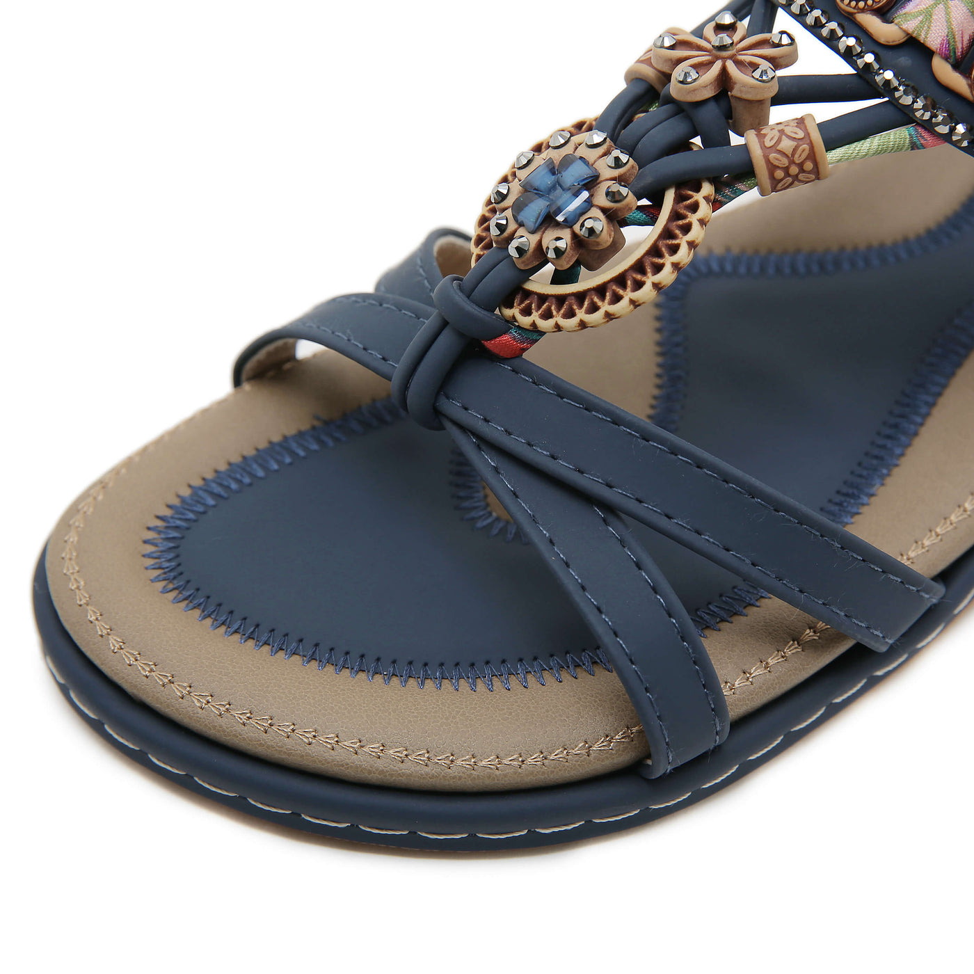 Siketu | Boho Daisy Beaded Cushioned Sandal - navy