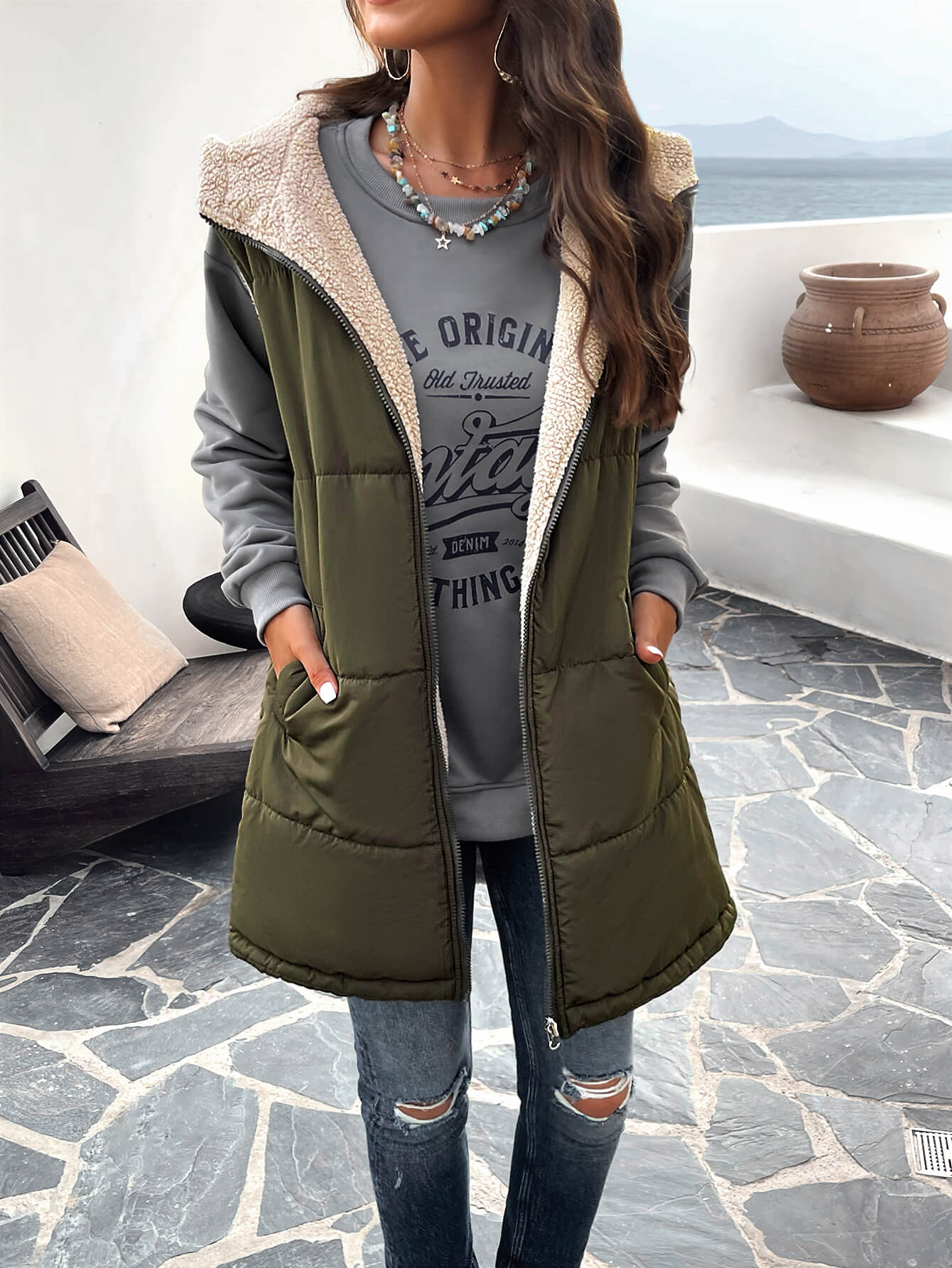 Fall And Forever Hooded Puffer Vest - Olive