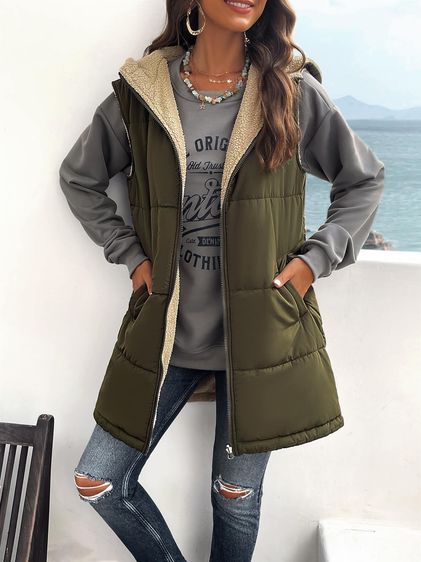 Fall And Forever Hooded Puffer Vest - Olive