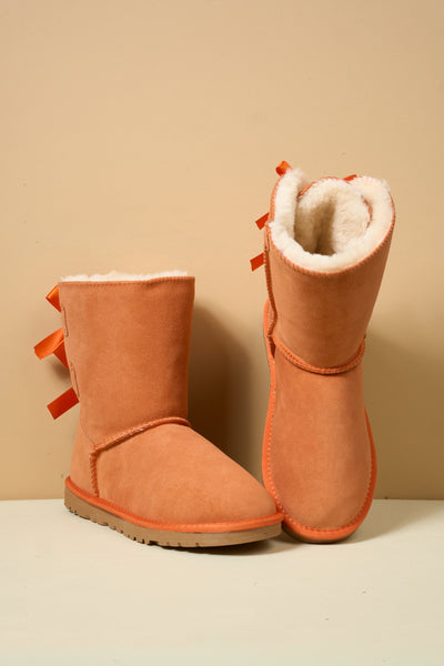 Smaibulun Ugg | Double Ballet Ribbon Bow Suede Shearling Boots - orange