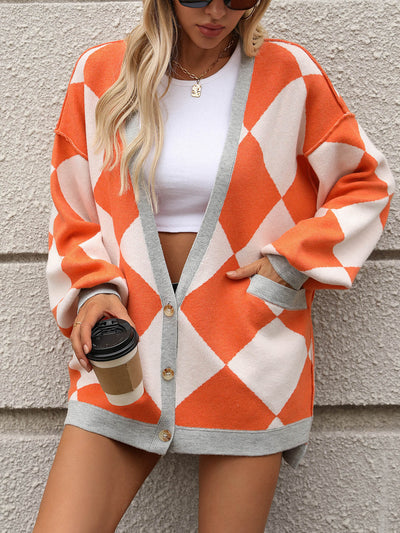 Jackey Argyle Print Button Down Cardigan - Orange