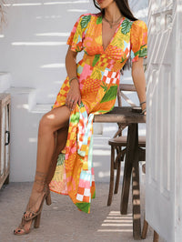 Tropical Drift Abstract Floral Maxi Dress - orange