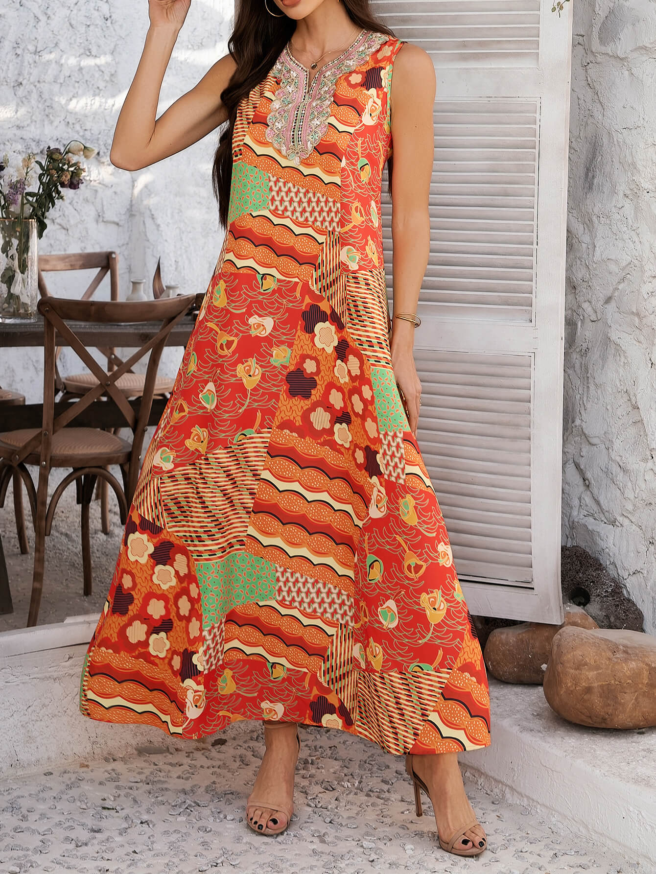 Emelia Floral Print Boho Maxi Dress - orange, XL / Orange Emelia Floral Print Boho Maxi Dress - orange, XL / Orange